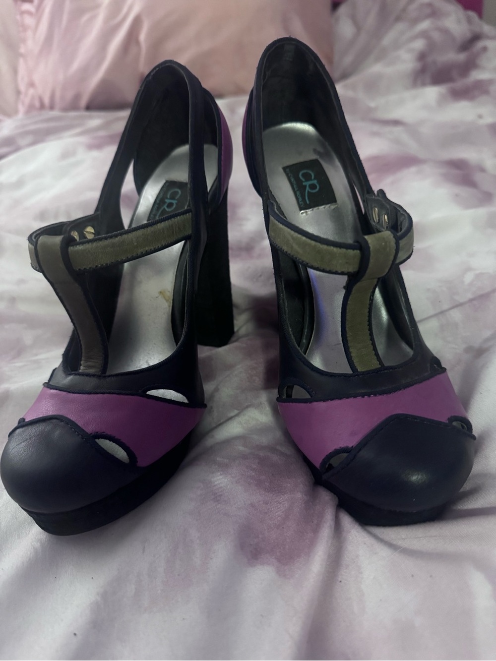 Cynthia Rowley Navy Blue, Purple and Moss Green Platform t-strap Heels - Women - Picture 2 of 7